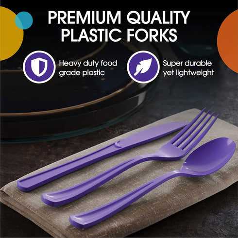 Disposable Purple Plastic Forks, 50 Pcs - Heavy Duty Purple Plastic Cutlery