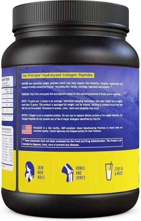 Zen Principle Grass-Fed Collagen Peptides, 1.5 lb, Hydrolyzed Protein Powder for Healthy Hair and Skin