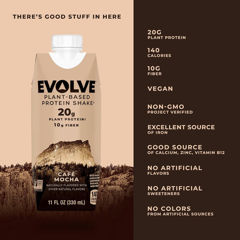Evolve Plant Based Protein Shake - Café Mocha Flavor with 20g Vegan Protein, Dairy Free, 11oz, 12 Pack