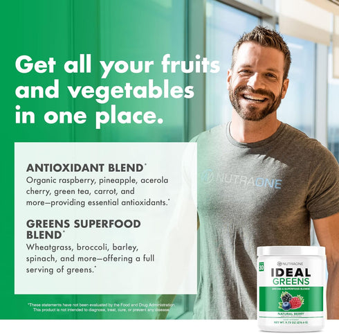 NutraOne Ideal Greens Antioxidant Superfood Greens Powder Supplement, Natural Berry Flavor, 30 Servings