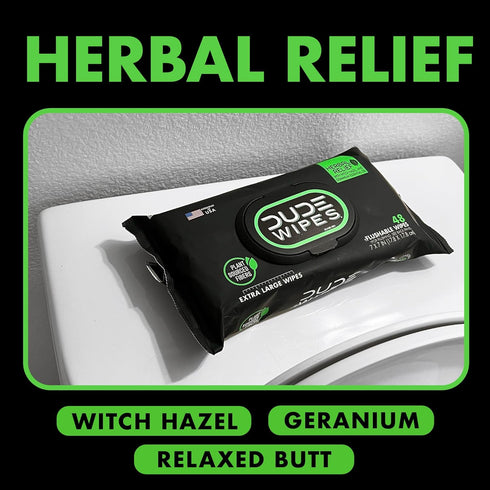 DUDE Wipes Flushable Wipes, 3 Pack of 144 Extra-Large Herbal Relief Wet Wipes, Septic Safe Butt Wipes for Adults