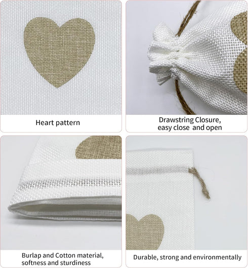 Jexila 24PCS Burlap Drawstring Gift Bags, 5X7 Inches Heart Print Linen for Jewelry, Candy Goodie Pouches, DIY Craft