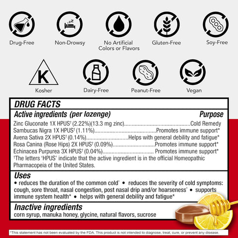 Cold-Eeze Plus Defense Natural Manuka Honey Lemon Zinc Lozenges, 25 Ct. Homeopathic Remedy
