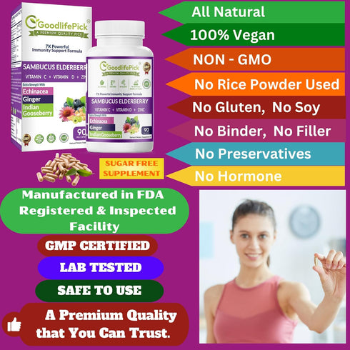 7 in 1 Elderberry with ZINC, Vitamin C, D, Echinacea, Ginger & Amla, Premium Capsules 90 ct, Non-GMO