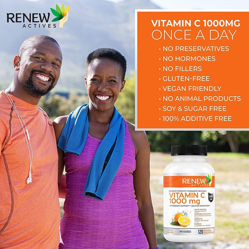 Renew Actives Maximum Strength Vitamin C 1000MG - Antioxidant & Immune Booster, Non-GMO, Sugar Free, 120 Vegan Capsules