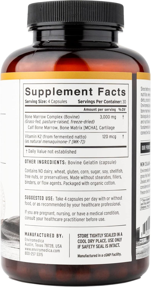 Enviromedica Freeze-Dried Bone Marrow Complex - with Cartilage and MCHA from Grass-Fed New Zealand Bovine, 120ct
