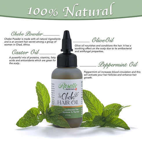 Roselle Naturals Chebe Oil for Hair Growth, Made in USA, 2 Fl Oz, Chebe Powder Hair Growth Oil