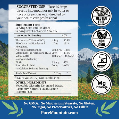 Pure Mountain Botanicals Liquid Vitamin B Complex - Raspberry Flavor, Kosher B12, B6, Thiamin, Biotin, Niacin - 1oz