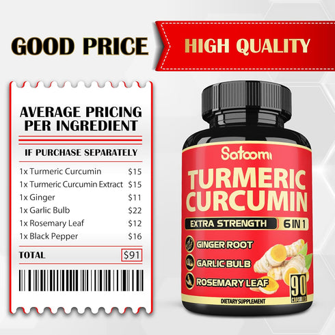 6in1 Turmeric Curcumin Supplement, 3 Month Supply with 95% Curcuminoids, Ginger Root, Garlic Bulb, Rosemary & Black