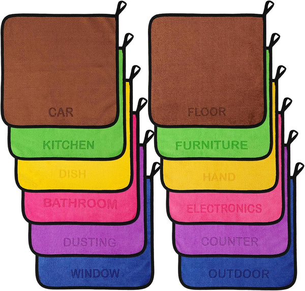 SLICHIO Microfiber Cleaning Cloth Set - 12 Pack Microfiber Towel 12"x12" with Printed