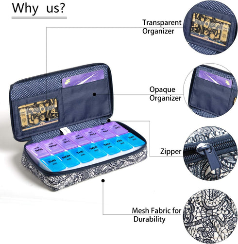 Weekly Pill Organizer 2 Times a Day, Zumd Pill Box 7 Day with Quilted Fabric Zipper Case, Travel AM PM