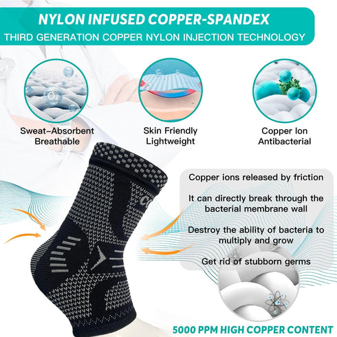 INDEEMAX Ankle Brace Compression Sleeve, Copper Infused Support for Sprained Ankle, Plantar Fasciitis, Sliver Black, M