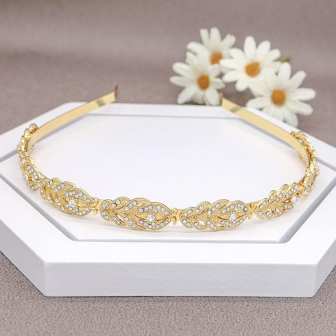 Oriamour Bridal Headband - Simple Flower Design Rhinestone Crystal Headpieces, Gold