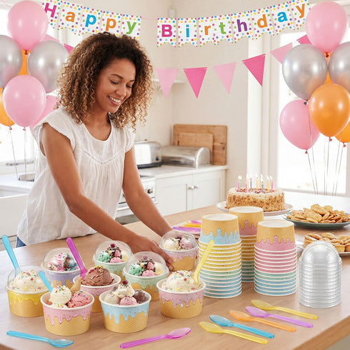 Jingmore 120 Set 8oz Ice Cream Paper Cups with Lids and Spoons, Disposable Sundae Bowls, Dessert Cups for Birthday