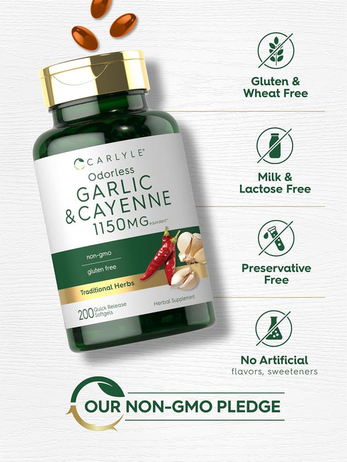 Carlyle Garlic and Cayenne 1150mg | 200 Softgels | Non-GMO, Gluten Free Dietary Supplement