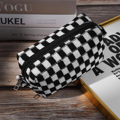 Makeup Bag Checkered Cosmetic Bag - Black Makeup Pouch with Large Capacity and Makeup Brushes Storage Bag