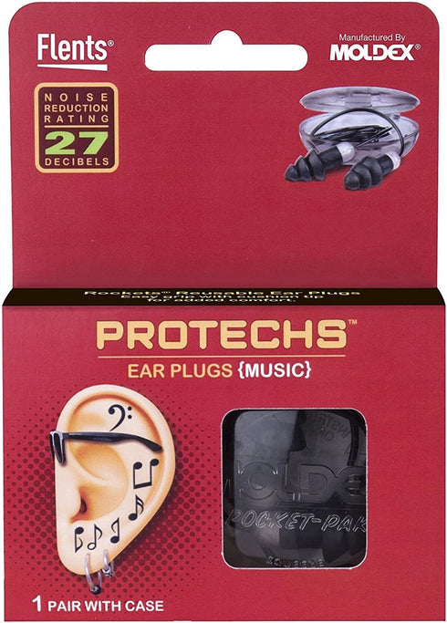 Flents Protechs Reusable Music Ear Plugs, 1 Pair with Travel Size Case, Black, NRR 27, Made in USA