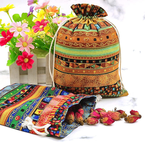 SumDirect 20 Pcs Egyptian Ethnic Style Linen Burlap Bags, 6x8 Inches, Reusable Drawstring Cotton Candy Bags for Wedding