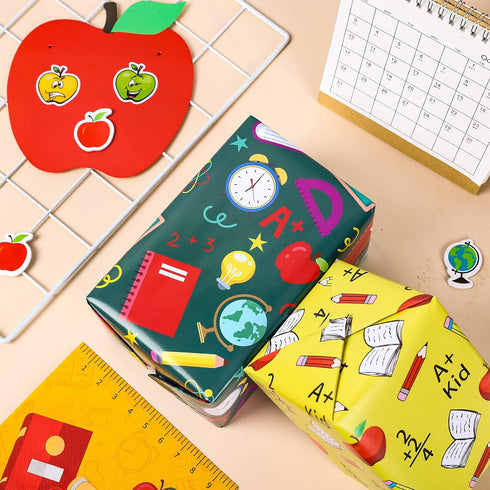 Whaline 12 Sheet Back to School Wrapping Paper, 19.7 x 27.6 Inch Bulk Pencil Apple ABC Prints Gift Wrap for DIY Crafts