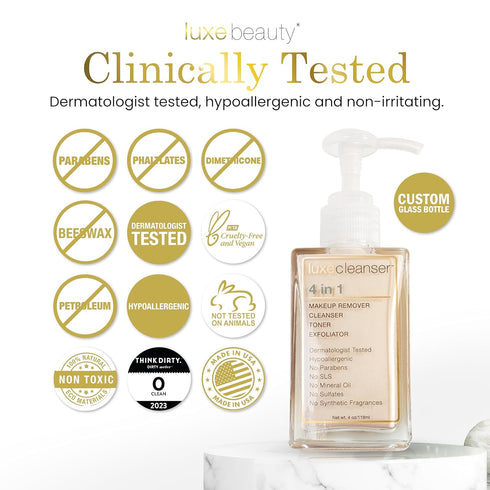 Luxe Cleanser All-in-One Hypoallergenic Face Cleanser + Natural Makeup Remover Face Wash + Exfoliator for All Skin Types