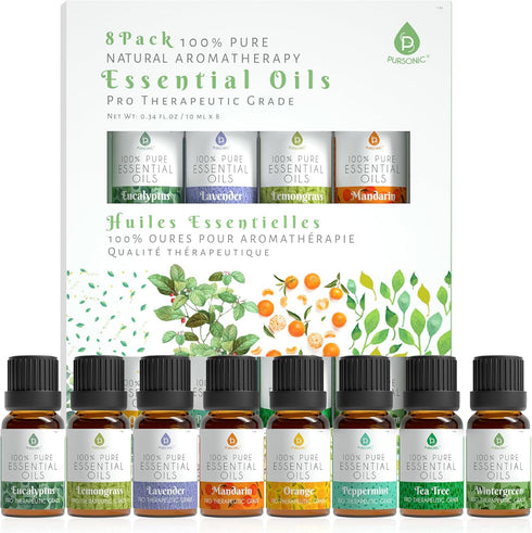 Set 8 Set 10ml Pursonic Essential Oils - Aromatherapy Oils Blends Gift - Pure Essential Oils for Diffusers, Home