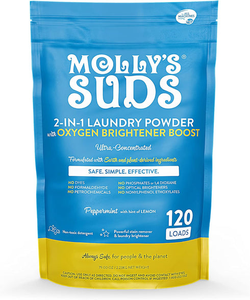 Molly's Suds 2-in-1 Original Laundry Powder with Oxygen Brightener, Natural Detergent & Stain Remover, 120 Loads