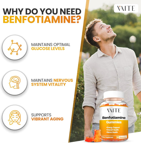 Benfotiamine Gummies with L-Leucine Supplement: Essential Vitamin B1 Complex Supplements for Men and Women, Non-GMO, Vegan and Gluten-Free - Support Metabolism & Boost Energy and Nervous System Health