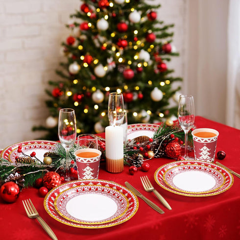 200 Pcs Christmas Dinnerware Set for 25 Guests, Red and White Paper Plates, Napkins, Gold Tableware Kits, Cups, Forks,