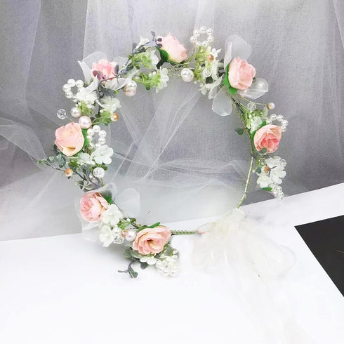 Vivivalue Floral Halo Boho Flower Headband, Floral Crown Headpiece for Wedding Party Prom Festival Pink