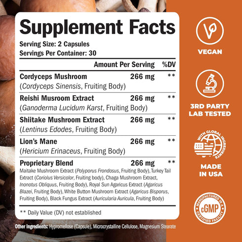 10-in-1 Mushroom Powder Supplement - Lion’s Mane, Reishi, Cordyceps, Chaga & more, 60 Turkey Tail Capsules