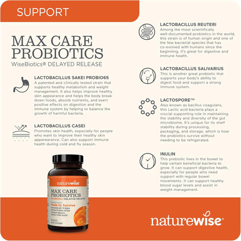 NatureWise Max Probiotics for Women & Men, 60 Capsules, 30 Billion CFU, 18 Strains, Gluten Free, Delayed-Release
