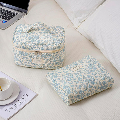 2 Pcs Large Quilted Makeup Bag - Cotton Quilted Toiletry Bag for Women, Cute Kawaii Travel Cosmetic Bags (03 Lightblue