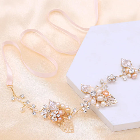 Oriamour Bridal Crystal Headband with Freshwater Pearls, Flower Design Wedding Hair Accessories (Gold)