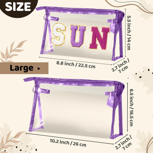 Y1tvei Clear SUN Makeup Bag - 2Pcs Preppy Purple Chenille Varsity Letter Cosmetic Bag, Waterproof Beach Travel Pouch