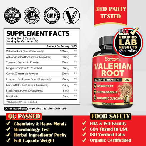 Valerian Root Capsules - 9 Natural Herbs - Ashwagandha, Turmeric, Ginger, Ceylon Cinnamon - 90 Caps for 3-Month Supply