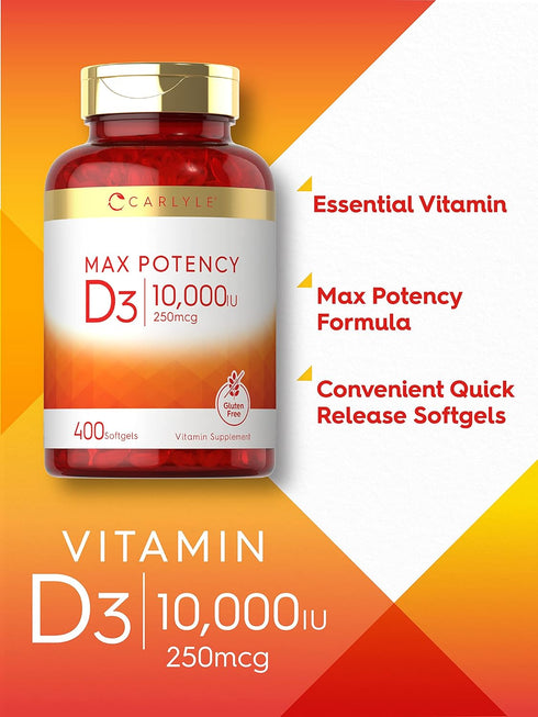 Carlyle Vitamin D 10000 IU, 400 Softgels, Value Size, Max Potency, Non-GMO & Gluten Free Supplement