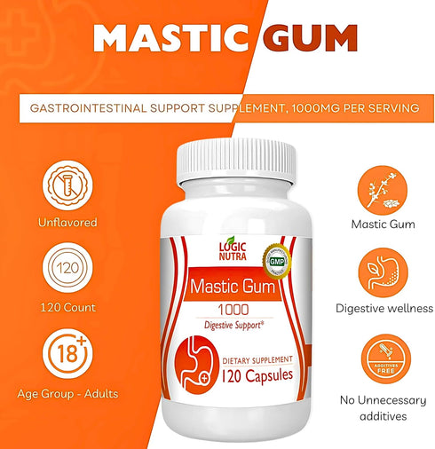 Premium Mastic Gum Capsules - Natural Gastrointestinal Support Supplement, 120 Capsules, 1000mg Per Serving
