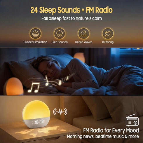 Sunset 30 Sunrise Alarm Clock & White Noise Machine, Effective Alarm Clocks for Deep Sleepers, Bluetooth Speaker Wake