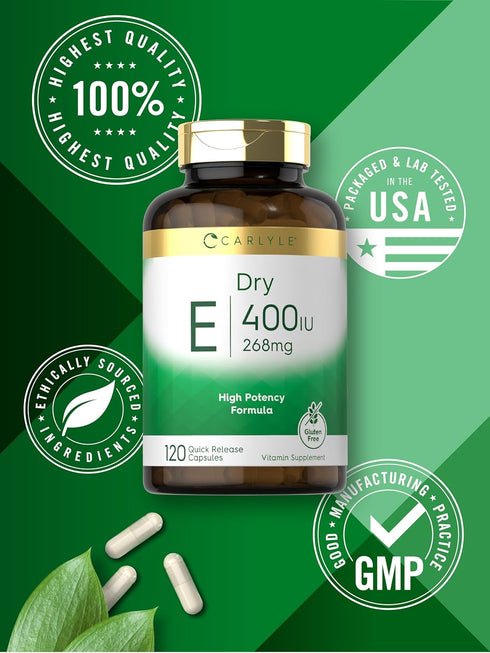 Carlyle Dry Vitamin E 400 IU (268mg), 120 Capsules, High Potency, Non-GMO, Gluten Free