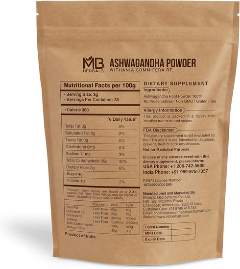 MB Herbals Pure Ashwagandha Powder 100 Gram (3.5 oz) | Withania somnifera Root Powder