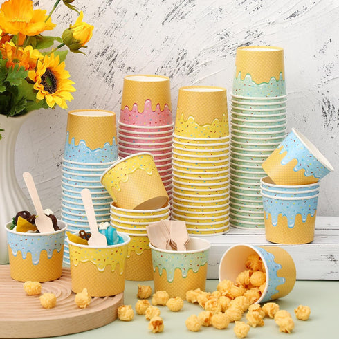 Ninehaoou 200 Pack 6 oz Frozen Paper Ice Cream Cups with Wooden Spoons, Disposable Dessert Bowls, Colorful Sundae Bar