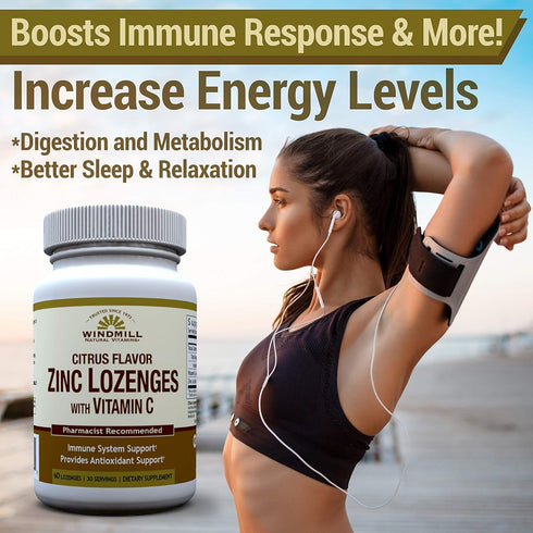 Windmill Health Natural Vitamins Zinc Lozenges with Vitamin C, Honey Lemon Flavor, 60 Lozenges, Immune Support.