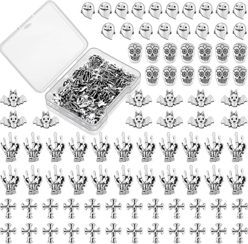 Leelosp 100 Pieces Halloween 3D Nail Charms Skull Ghost Bat Skeleton Punk Hand Shape Metal Alloy Decor for DIY Nail