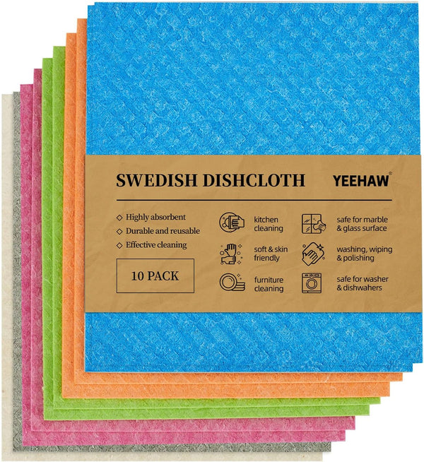 YEEHAW Swedish Dishcloths for Kitchen, 10 Pack, Super Absorbent Reusable Cleaning Cloths for Kitchen and Bathroom