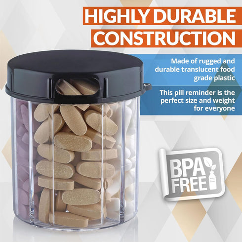 Round Pill Organizer Dispenser - Pack of 2 with 4 Compartments for Medication, Vitamins & Supplements, Daily Pill Case
