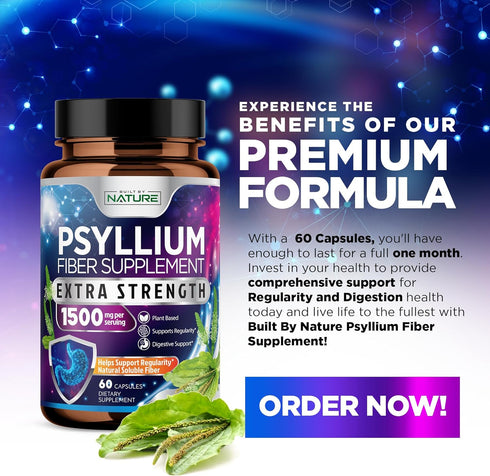 Psyllium Husk Capsules 1500mg | Natural Soluble Fiber Supplement for Digestive Health, 60 Capsules, Non-GMO, Gluten-Free