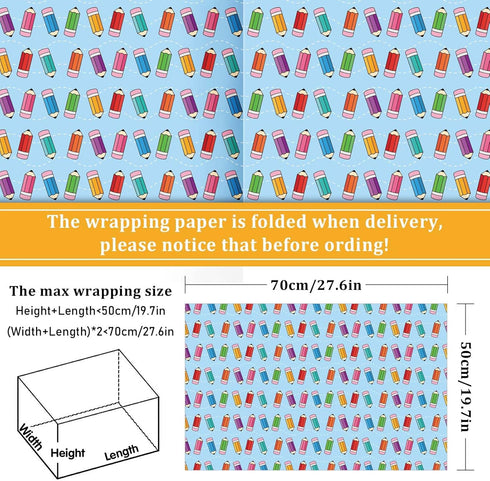 JarThenaAMCS 12 Sheets Back to School Wrapping Paper - Not Roll - Bus Apple Pencil Gift Wrap Paper Folded Flat 6 Designs DIY Craft Art Paper for First Day of School Classroom Party Supplies