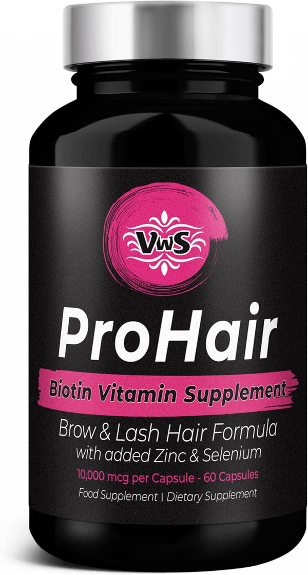 VWS Biotin 10,000 mcg Dietary Supplement with Zinc & Selenium for Thicker Hair, Stronger Nails, 60 Vegan Capsules