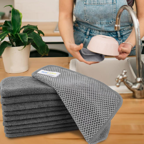 SINLAND Microfiber Dish Cloth | 10 Pack | Best Kitchen Washcloth Cleaning Cloths with Poly Scour Side (Grey)
