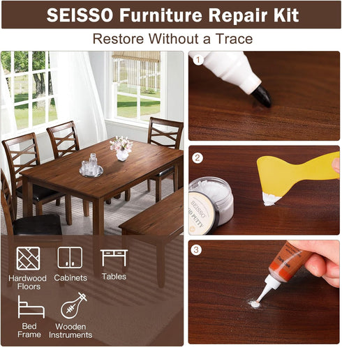 SEISSO Wood Furniture Repair Kit for Hardwood Floors, Touch Up Markers, Wood Fillers, Putty for Holes, Scratches, Cracks